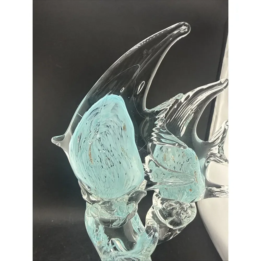 Vintage Murano Style Art Glass Double Angelfish on Wave Sculpture Blue Clear